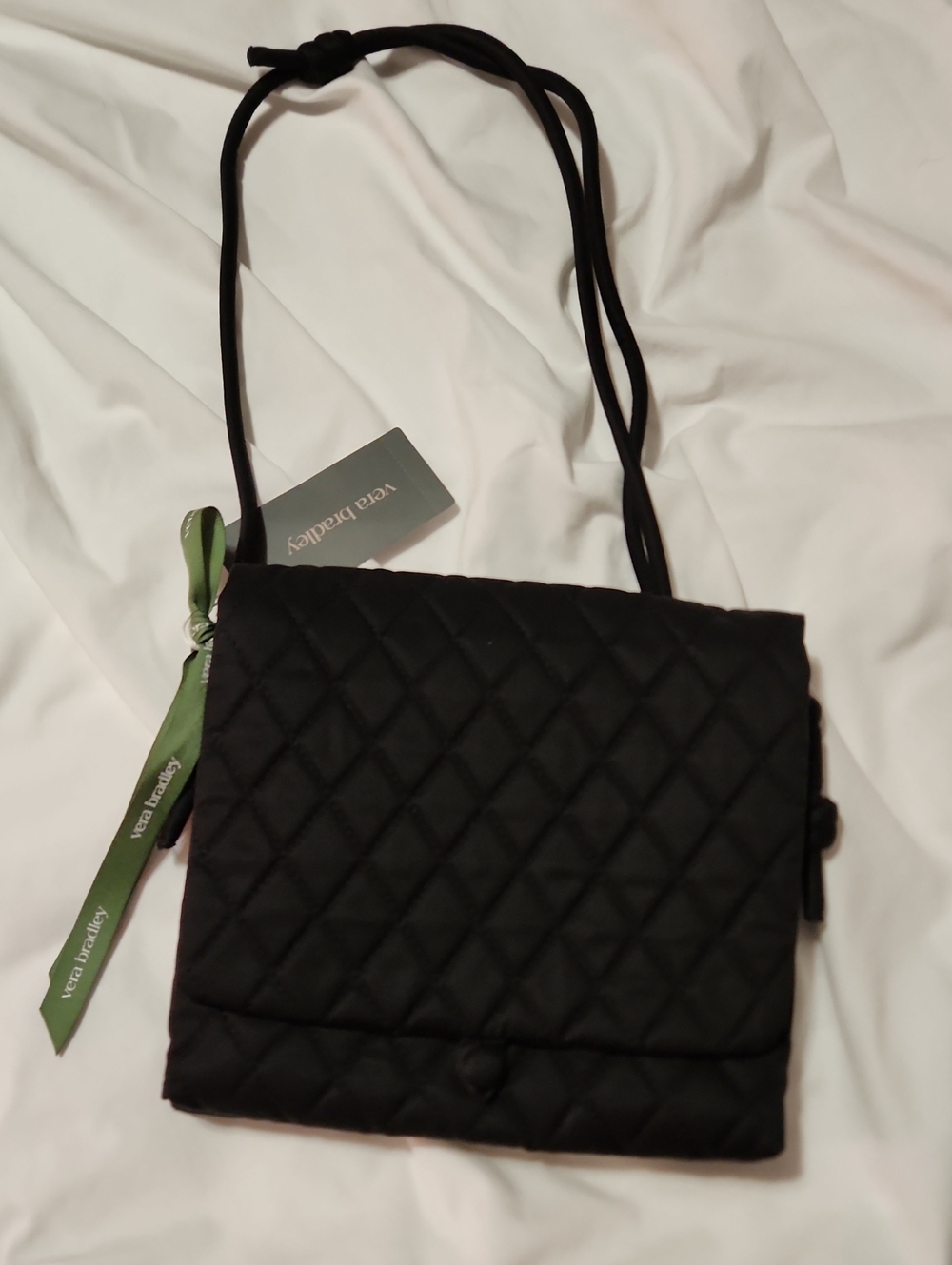 Vera Bradley Black Quilted Crossbody with Green Ribbon Accent